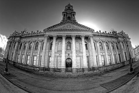 The neoclassical facade of a historic bank building